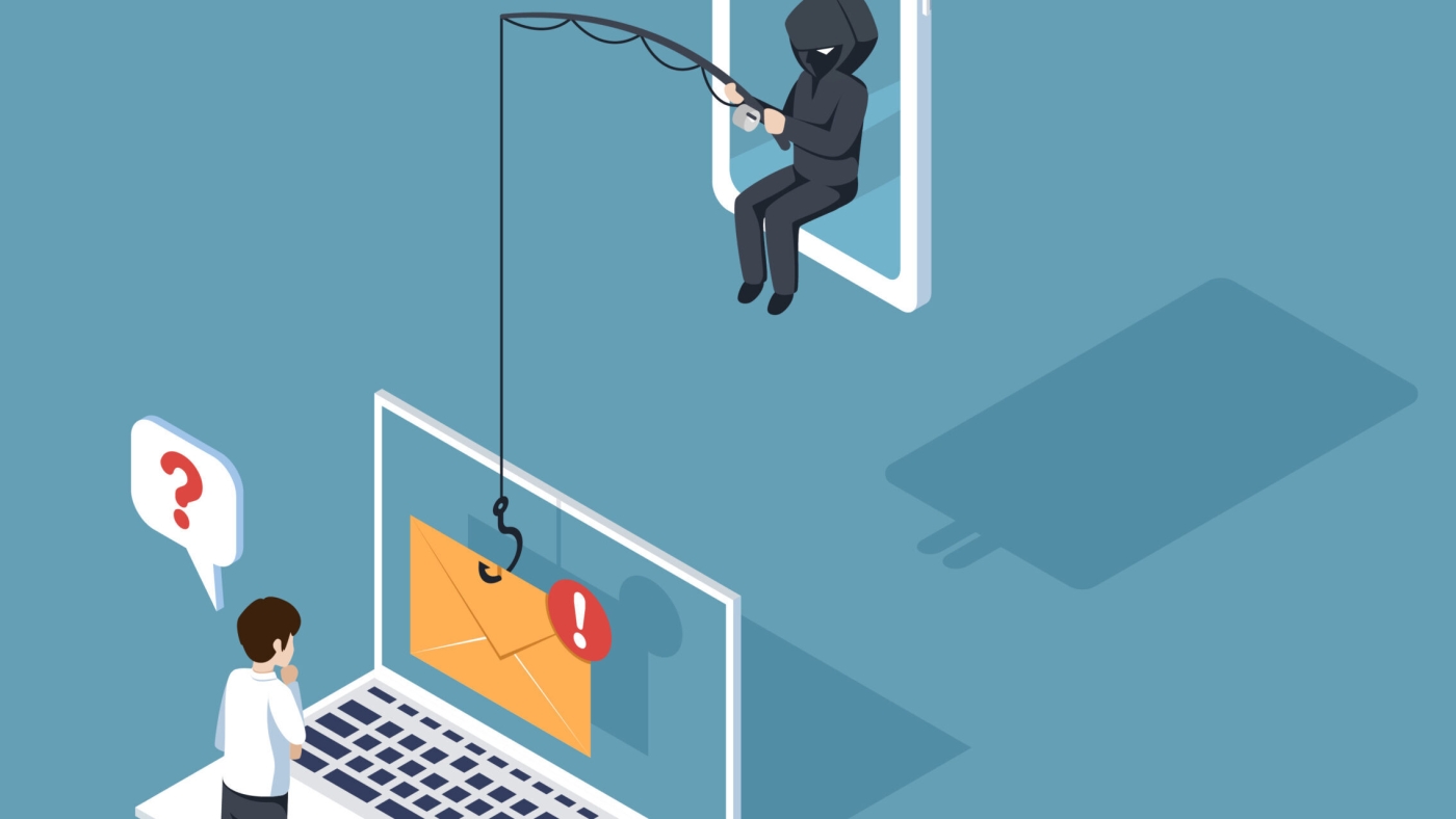 Phishing by disguised email. hacker attacks a smartphone by message. fraud scam and steal private data on devices. vector illustration isometric flat design for cyber security awareness concept.