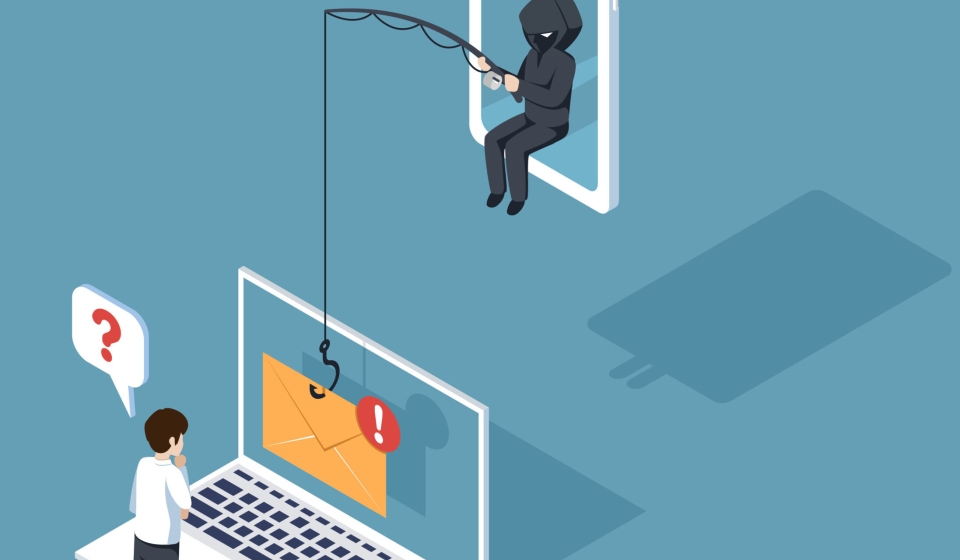 Phishing by disguised email. hacker attacks a smartphone by message. fraud scam and steal private data on devices. vector illustration isometric flat design for cyber security awareness concept.
